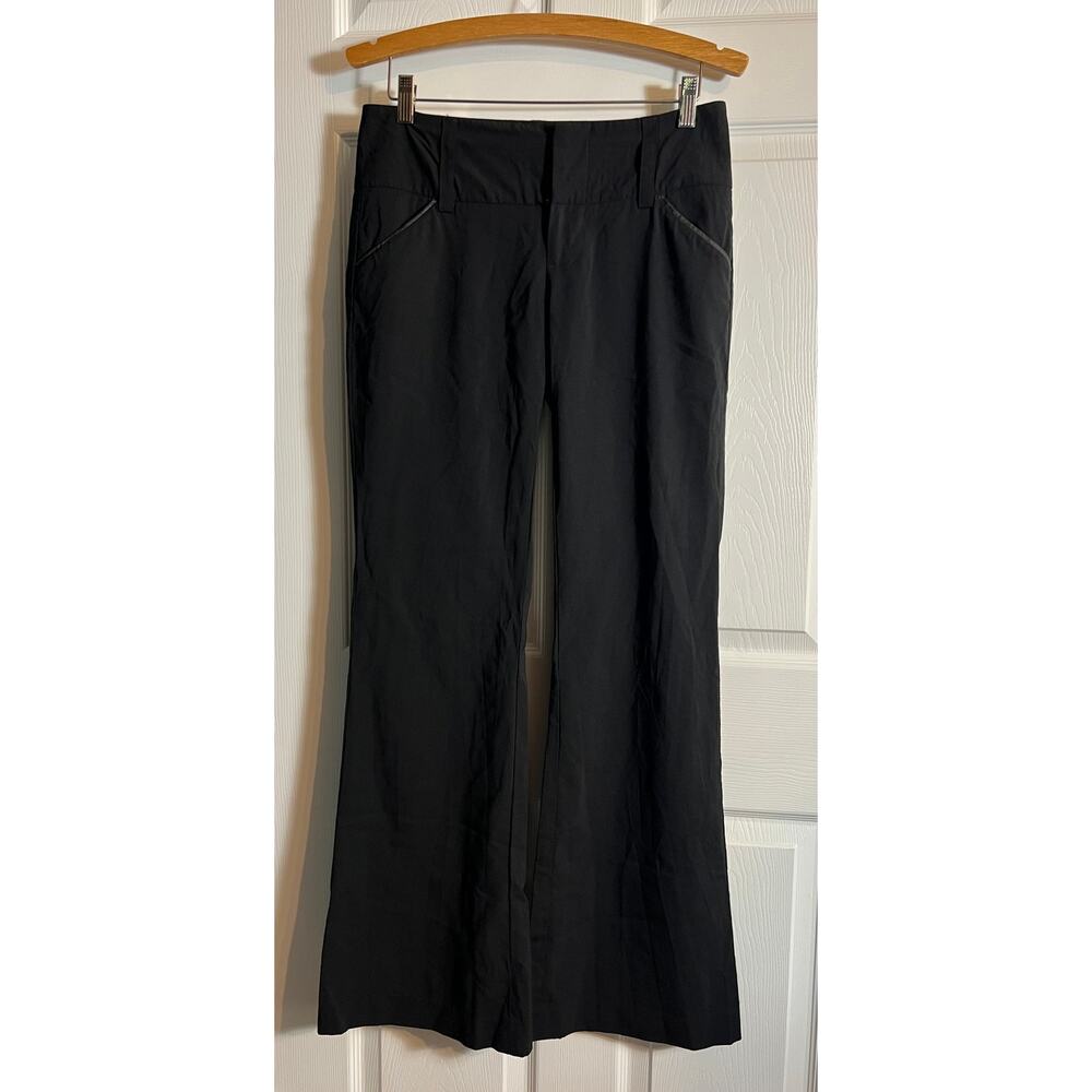 Alice + Olivia Y2K Size 4 Black Wool Flare Dress Pants Leather Trim Trousers